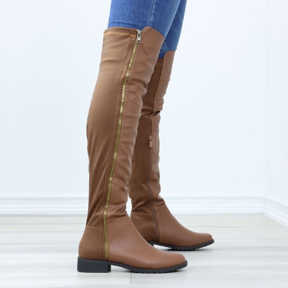 Tan Thigh High Over The Knee Faux Leather & Stretchy Material Low Heel Boot - Picture 5 of 15